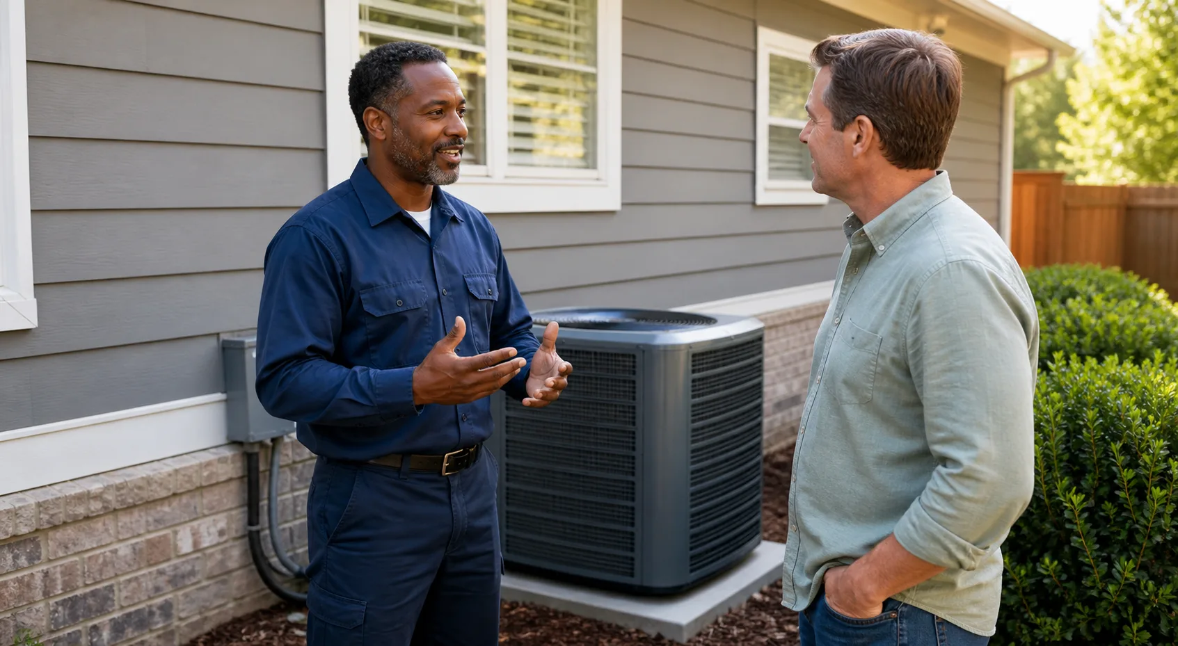 A homeowner speaking with a home-comfort technician beside an outdoor heat-pump unit