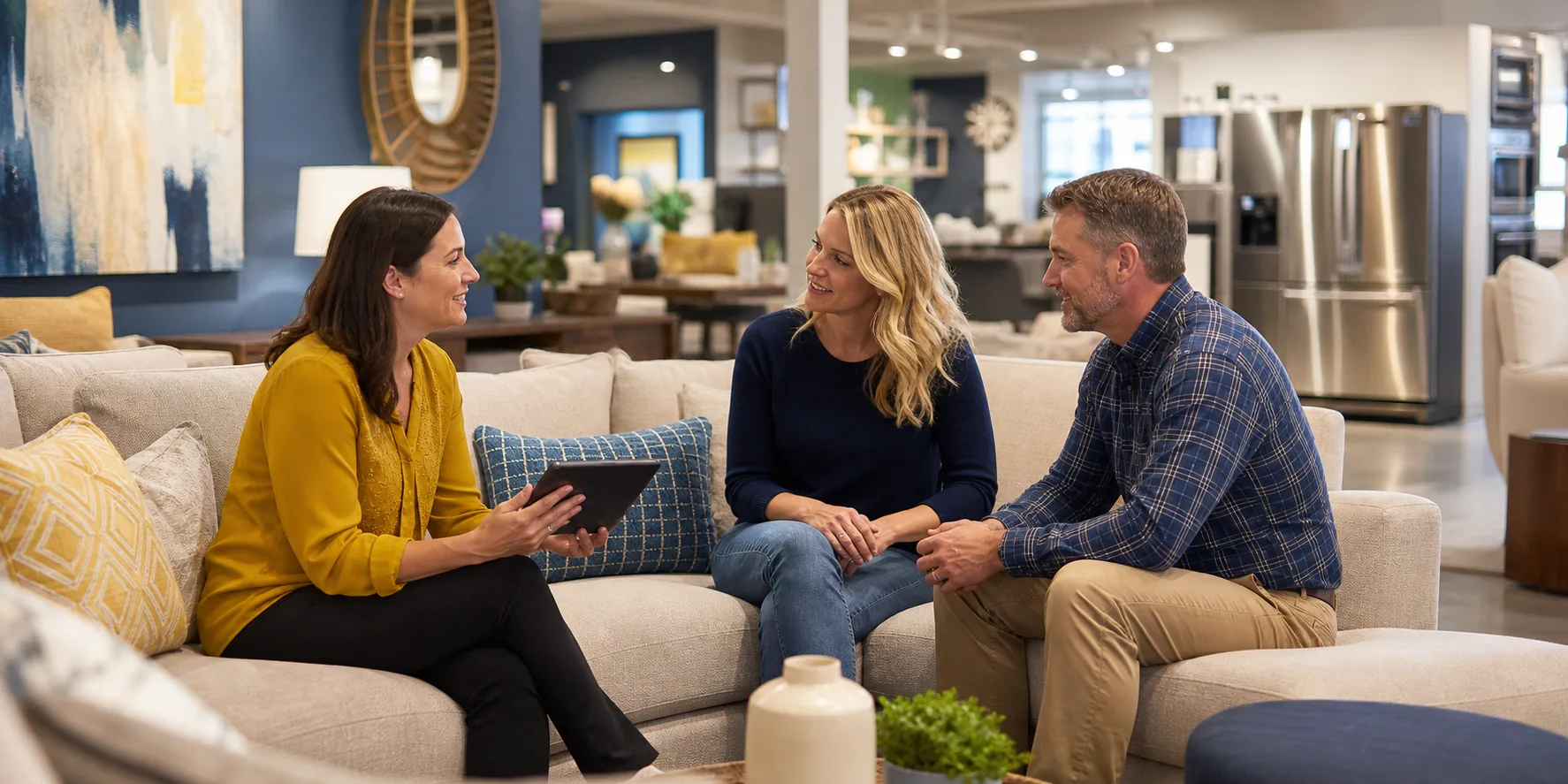A local retailer consulting with two customers in a furniture and appliance showroom